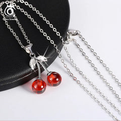 925 Silver Red Stone Cherry Pendant Necklace Women Silver Jewelry SN03