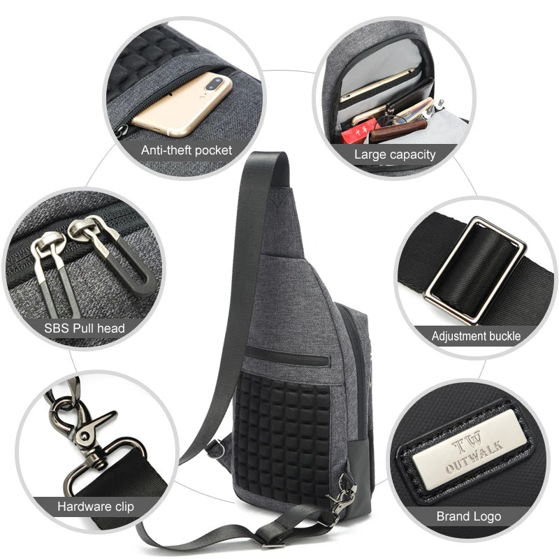 Men's Chest Bag Chest Pack Waterproof Sling Shoulder Strap Bag Male