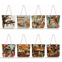 Oil Painting Cat Printed Womens Tote Bags For Groceries