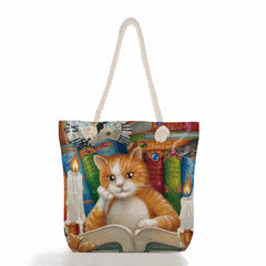 Oil Painting Cat Printed Tote Bag for Women