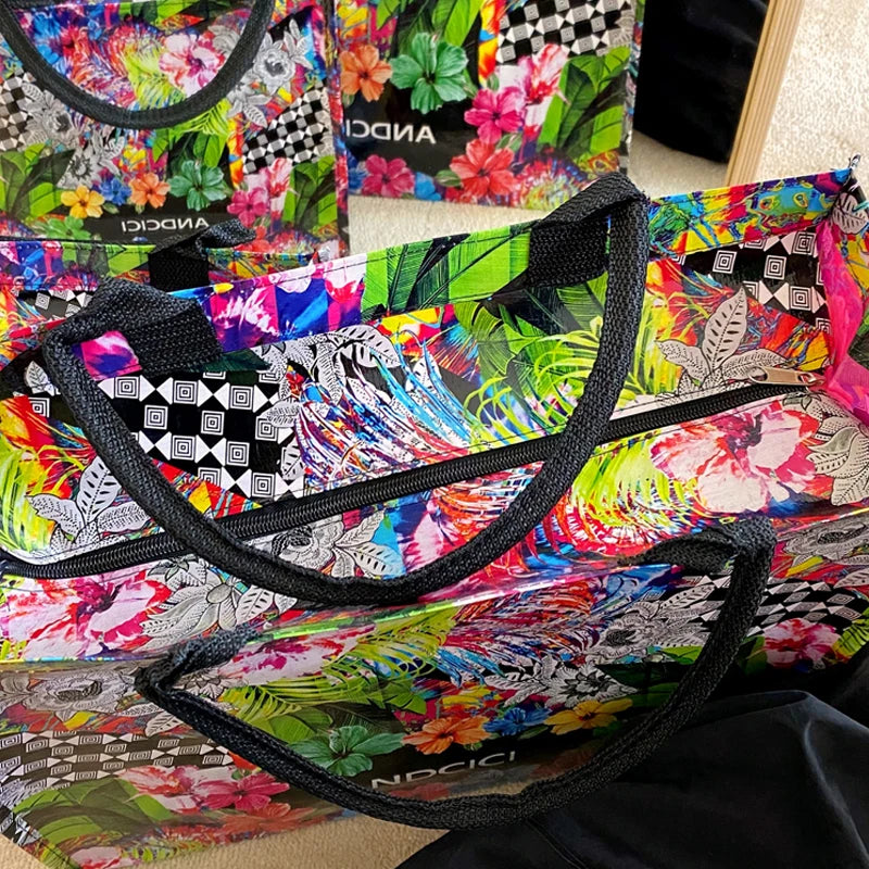 Oil Painting Handbag Plastic Travel Bags Waterproof Large Capacity