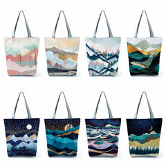 Oil Painting Mountain Forest Printing Casual Tote Bag Shopper Handbag