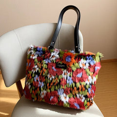 Oil Painting Style Plush Tote Bag Women Handbag High Winter Ladies Shoulder Bags
