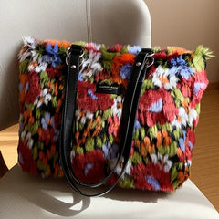 Oil Painting Style Plush Tote Bag Women Handbag High Winter Ladies Shoulder Bags