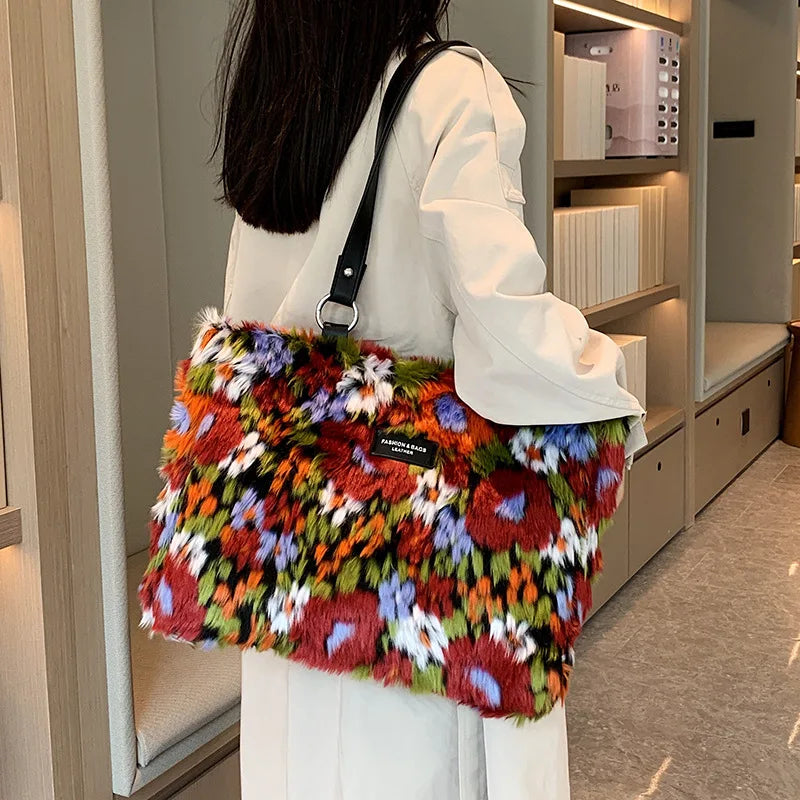 Oil Painting Style Plush Tote Bag Women Handbag High Winter Ladies Shoulder Bags