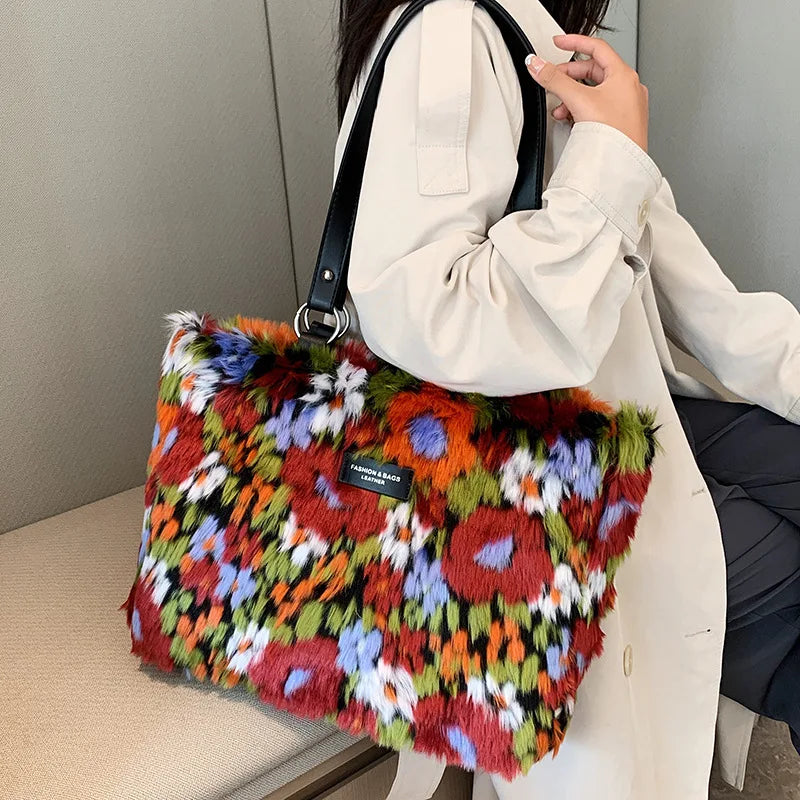 Oil Painting Style Plush Tote Bag Women Handbag High Winter Ladies Shoulder Bags