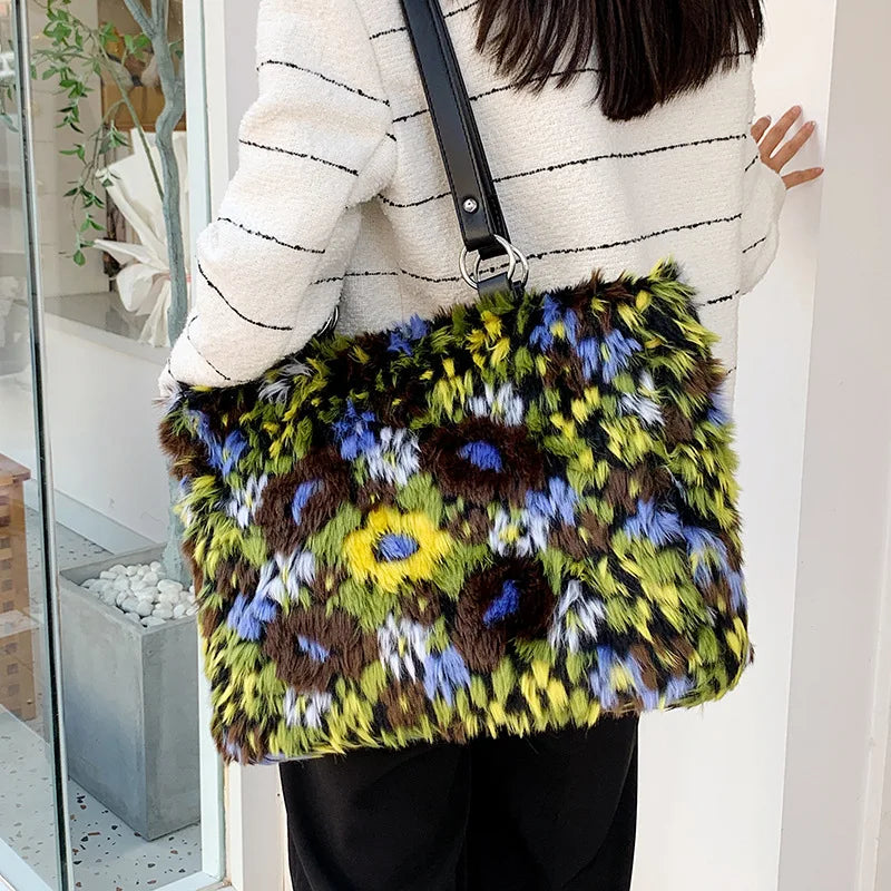 Oil Painting Style Plush Tote Bag Women Handbag High Winter Ladies Shoulder Bags