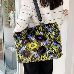 Oil Painting Style Plush Tote Bag Women Handbag High Winter Ladies Shoulder Bags