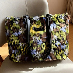 Oil Painting Style Plush Tote Bag Women Handbag High Winter Ladies Shoulder Bags