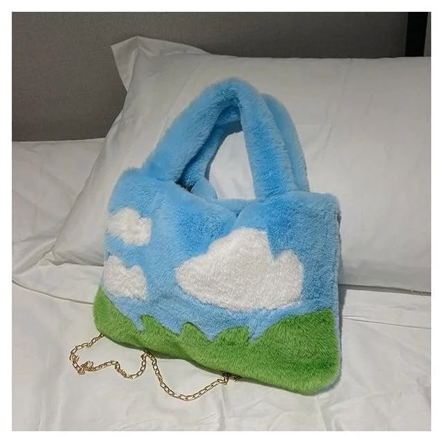 Oil Painting Style Fluffy Plush Women Messenger Bag Faux Fur Ladies Tote