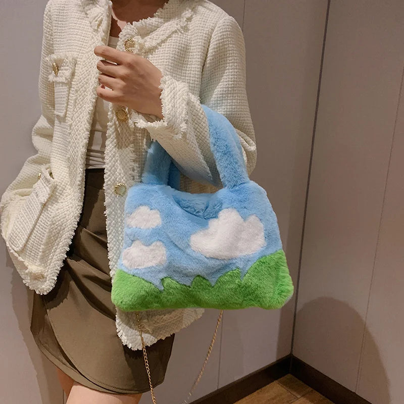 Oil Painting Style Fluffy Plush Women Messenger Bag Faux Fur Ladies Tote