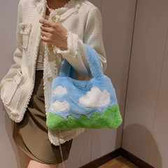 Oil Painting Style Fluffy Plush Women Messenger Bag Faux Fur Ladies Tote