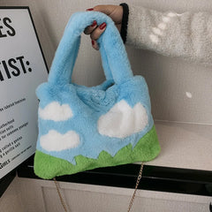 Oil Painting Style Fluffy Plush Women Messenger Bag Faux Fur Ladies Tote