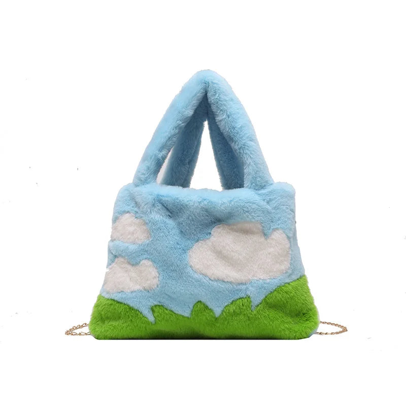 Oil Painting Style Fluffy Plush Women Messenger Bag Faux Fur Ladies Tote