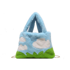 Oil Painting Style Fluffy Plush Women Messenger Bag Faux Fur Ladies Tote