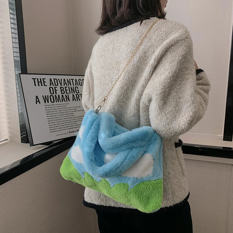 Oil Painting Style Fluffy Plush Women Messenger Bag Faux Fur Ladies Tote
