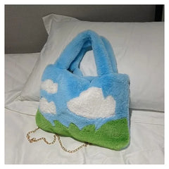 Oil Painting Style Fluffy Plush Women Messenger Bag Faux Fur Ladies Tote