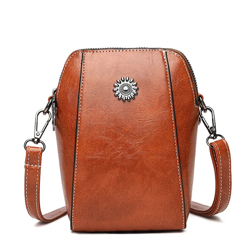 Oil Wax Soft Leather Mobile Bag Small Square Shoulder Bag Female
