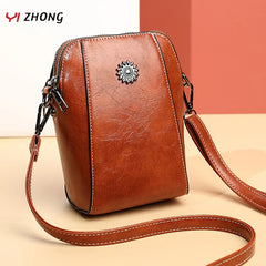 Oil Wax Soft Leather Mobile Bag Small Square Shoulder Bag Female