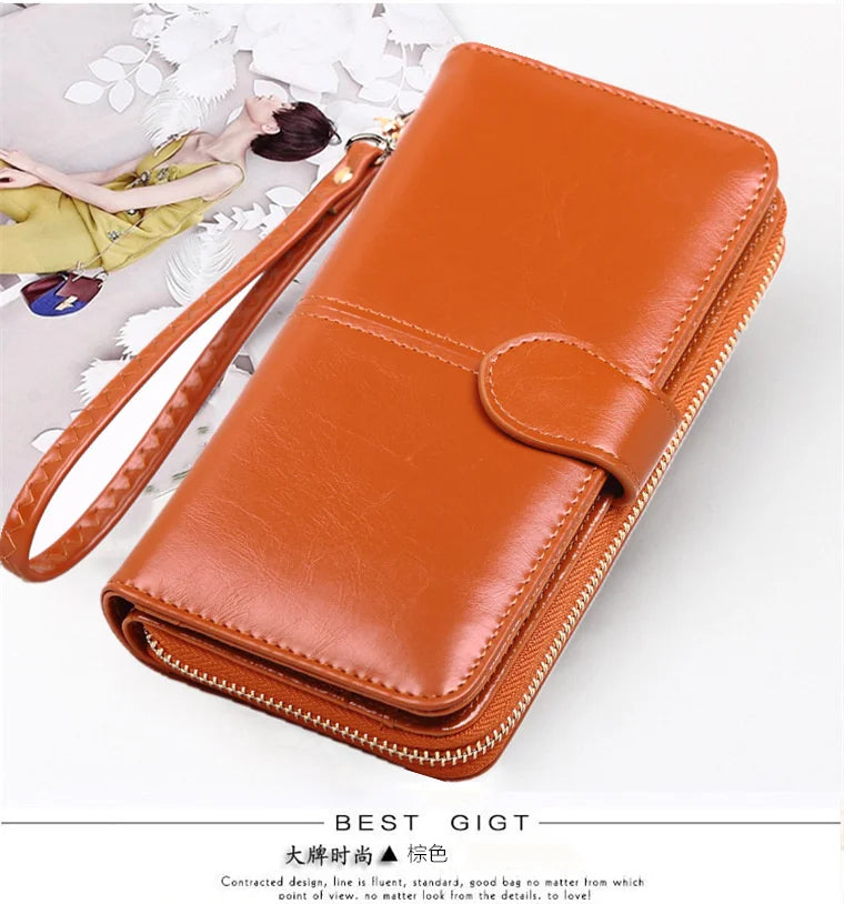 Oil Wax Wallet Long Zipper Phone Bag Women's Handbag