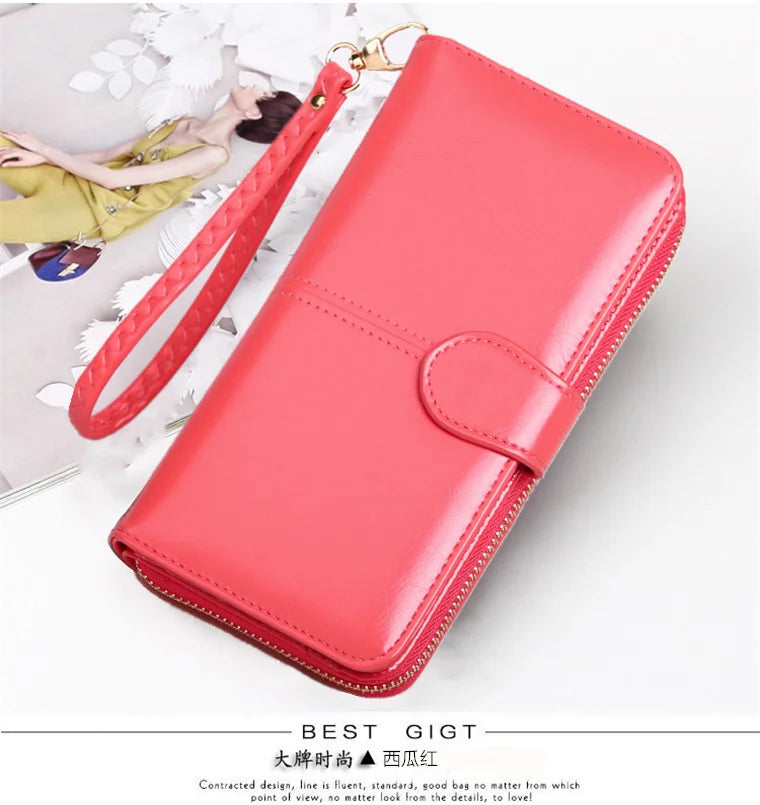 Oil Wax Wallet Long Zipper Phone Bag Women's Handbag