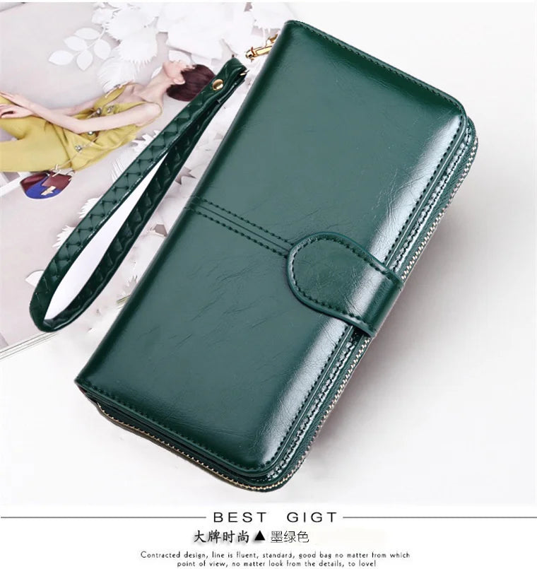 Oil Wax Wallet Long Zipper Phone Bag Women's Handbag