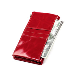 Oil Wax Leather Lady Purse RFID Anti-Theft Brush Long Wallet