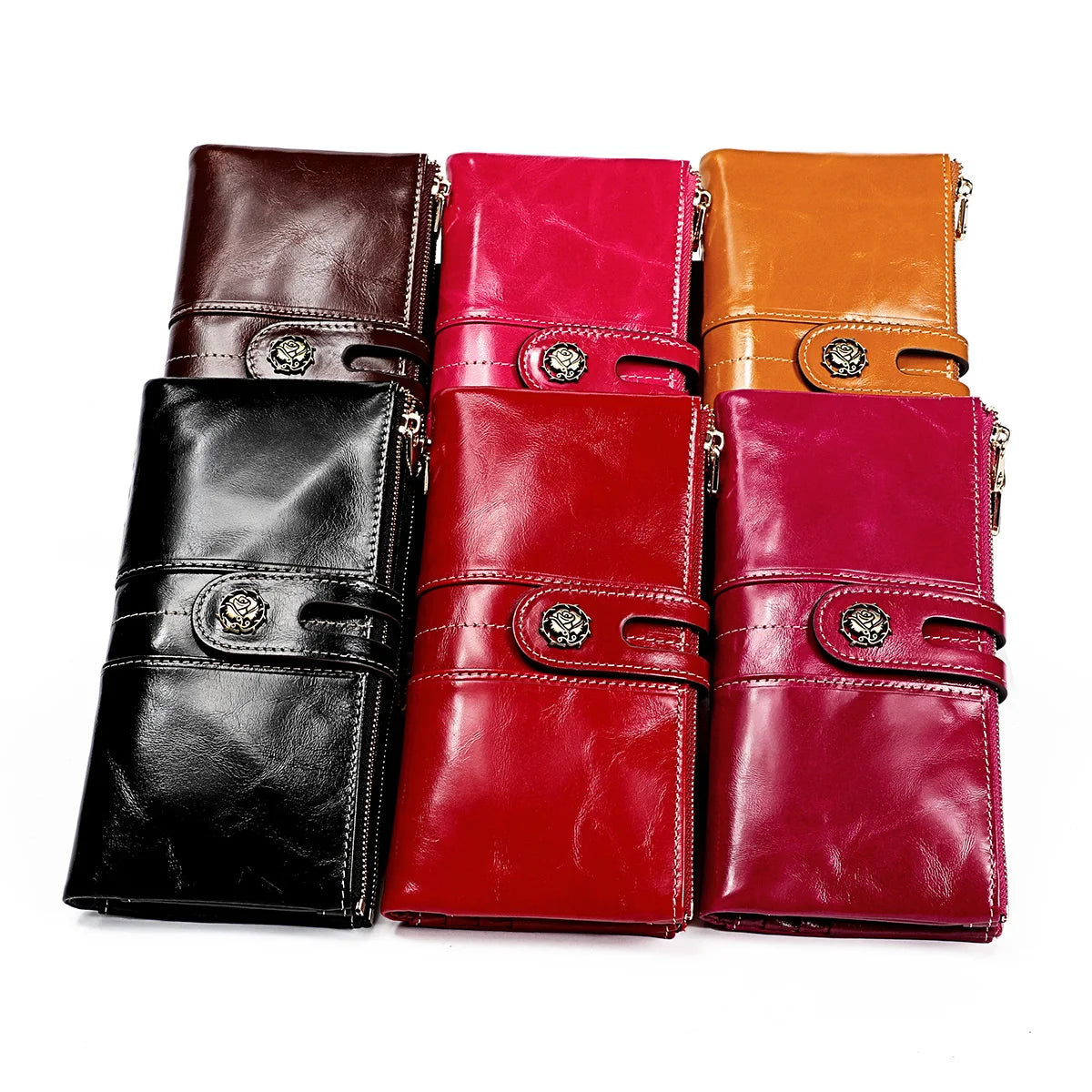 Oil Wax Leather Lady Purse RFID Anti-Theft Brush Long Wallet