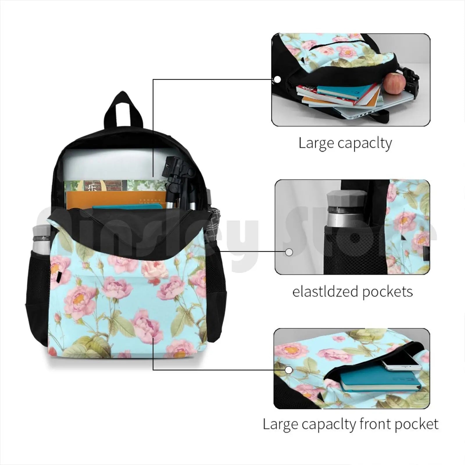 Vintage Roses On Teal Pattern Outdoor Hiking Backpack