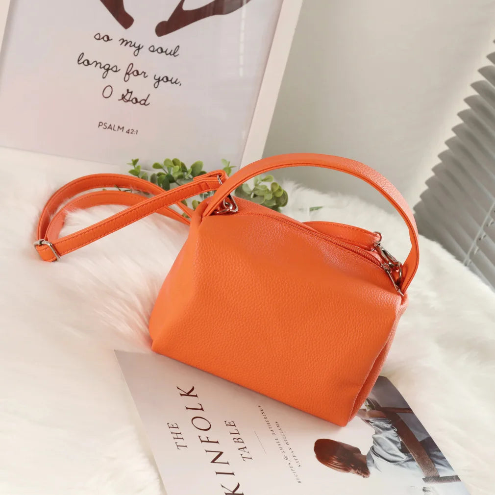 Orange Square Tote Tofu Bag Soft Handle PU Leather Women Handbag