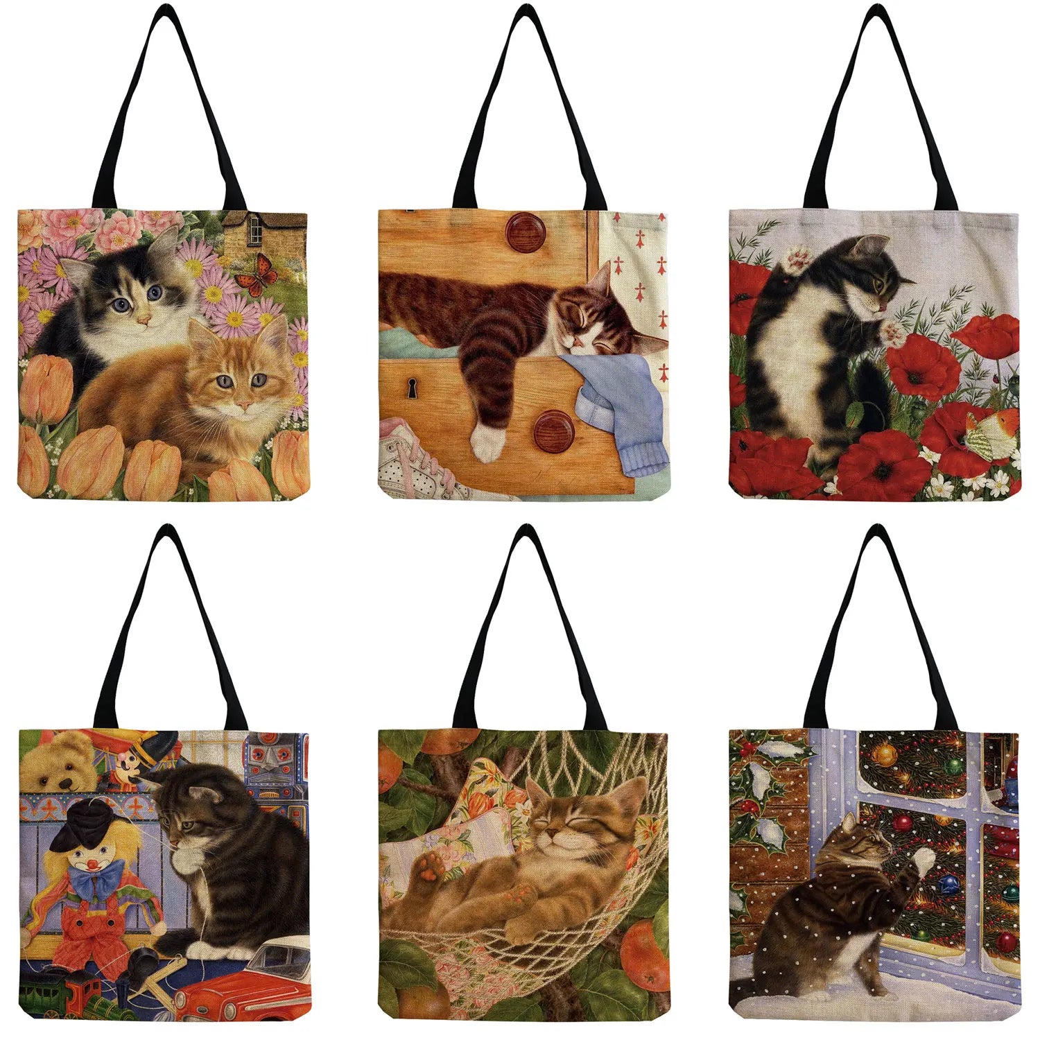 Cute Cat Flower Tote Bag for Women, High Capacity Shoulder Bag, Eco Friendly