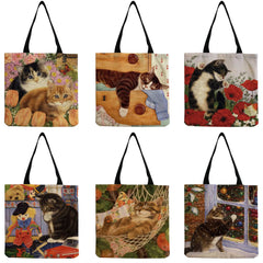 Cute Cat Flower Tote Bag for Women, High Capacity Shoulder Bag, Eco Friendly