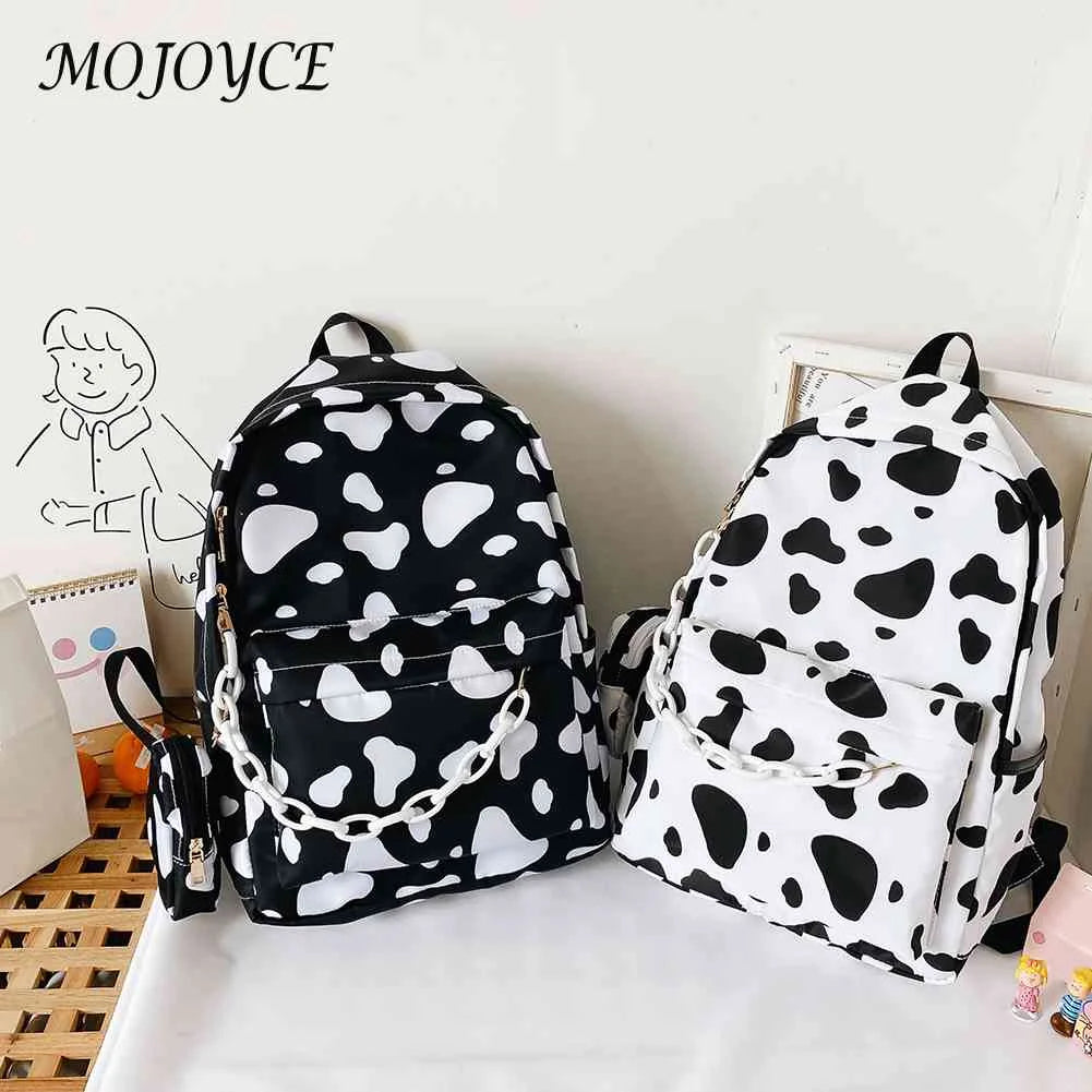 Nylon School Backpacks Girls Cow Letter Print Shoulder Bags
