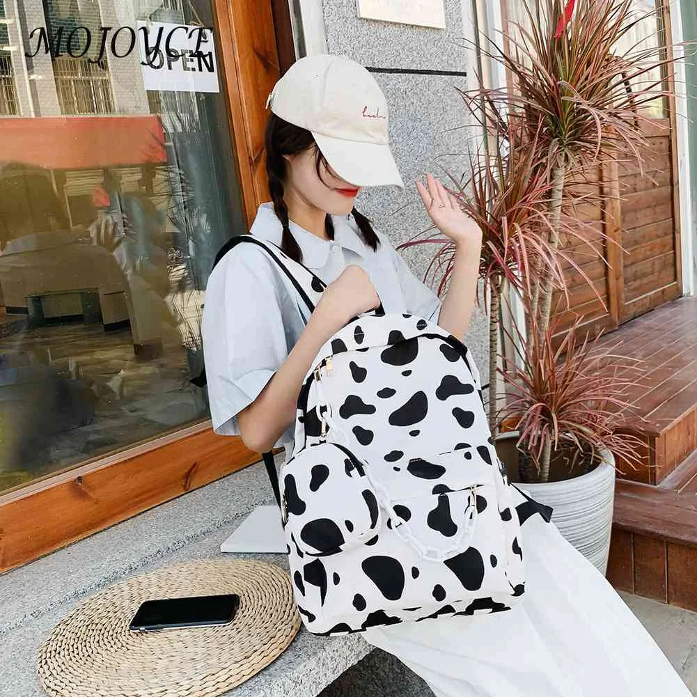 Nylon School Backpacks Girls Cow Letter Print Shoulder Bags