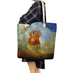 Mermaid Print Portable Folding Beach Bag High Capacity Handbag for Women