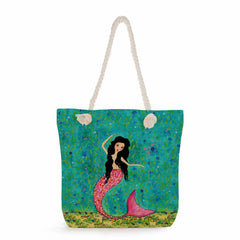Mermaid Print Portable Folding Beach Bag High Capacity Handbag for Women