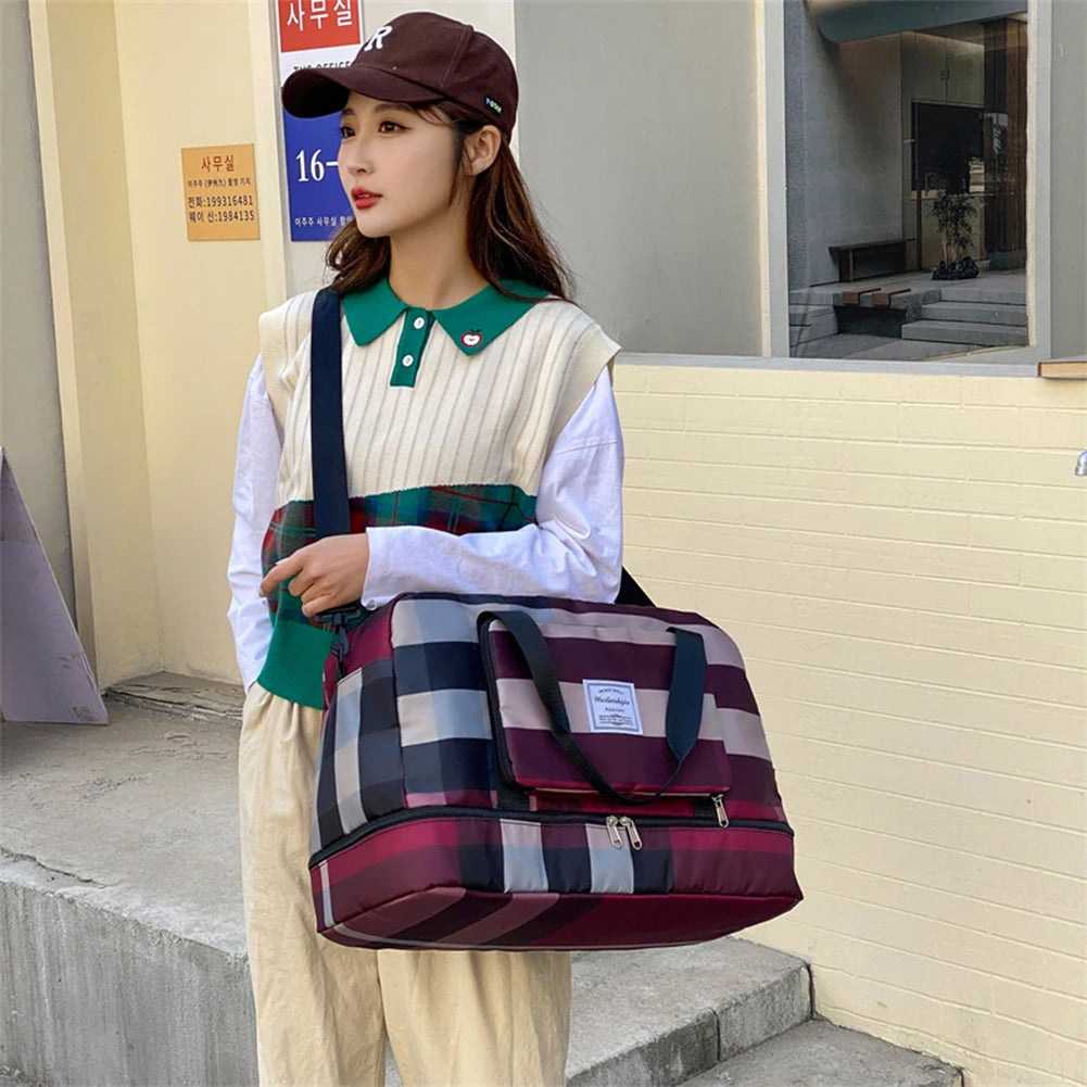 Plaid Gym Bag Wet Dry Separation Handbag Men Women Travel Shoulder Luggage