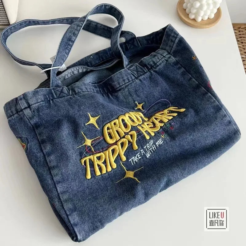 90s Y2K Style Embroidery Tote Bag Hip Hop School Laptop Work Overnight Bag