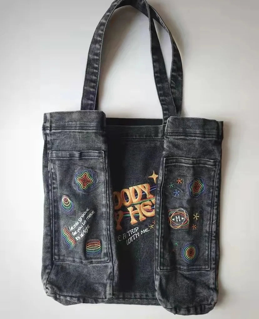 90s Y2K Style Embroidery Tote Bag Hip Hop School Laptop Work Overnight Bag