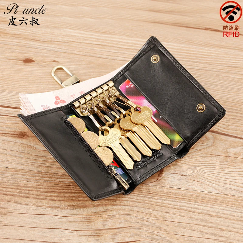 PIUNCLE High Natural Cowhide Men's Zipper Wallet Key Holder Vintage Car Key