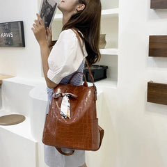 PU Ladies Leather Shoulder Backpacks Women Travel Bags Silk Scarf