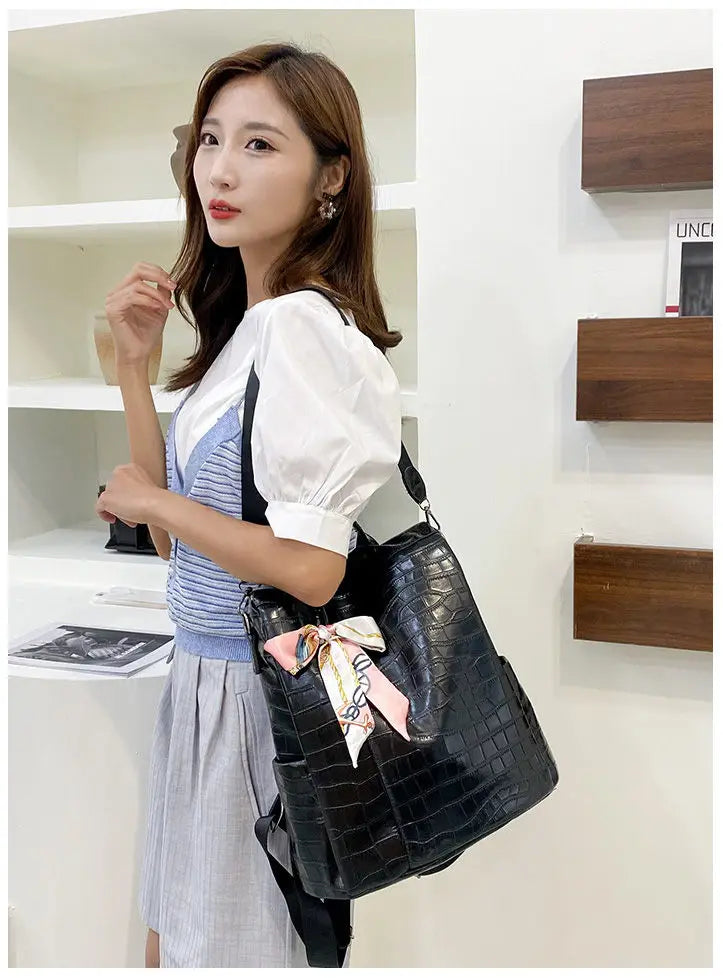 PU Ladies Leather Shoulder Backpacks Women Travel Bags Silk Scarf