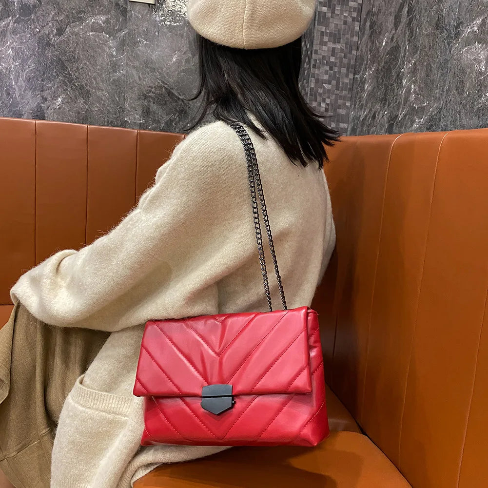 PU Leather Shoulder Handbag Women Solid Lattice Flap Square Crossbody Bag