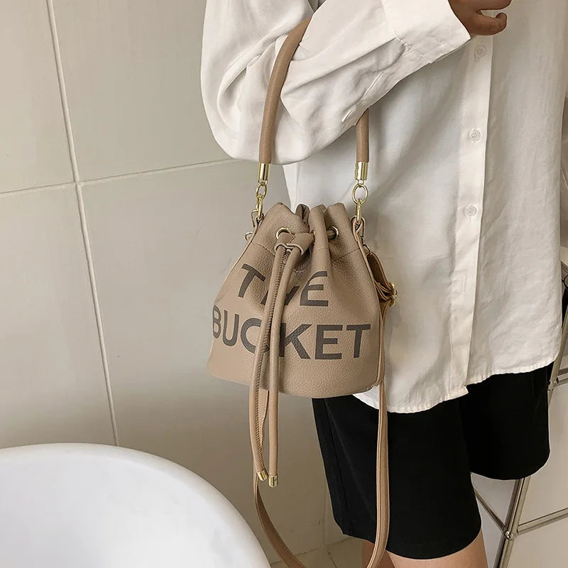 PU Leather Women's Bucket Bag Famous Letters Crossbody Shoulder Bag