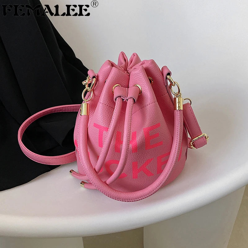 PU Leather Women's Bucket Bag Famous Letters Crossbody Shoulder Bag