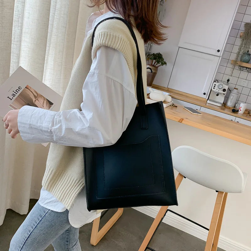 Vintage PU Leather Tote Bag for Women - Casual Shoulder Handbag