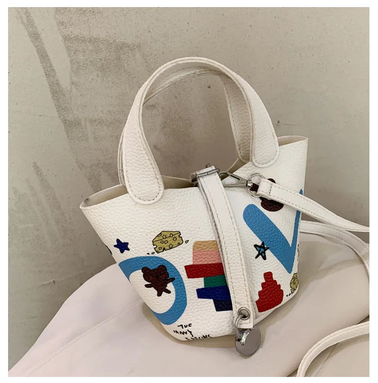 PU Leather Doodle Mini Bag For Women Girls Purses And Handbags Shopper Bags
