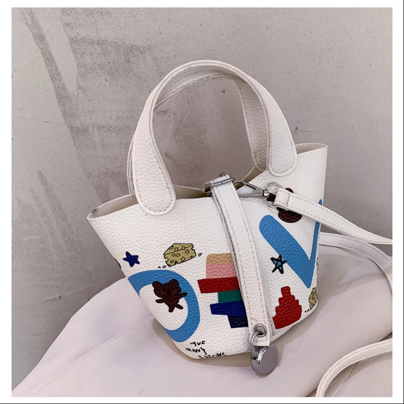 PU Leather Doodle Mini Bag For Women Girls Purses And Handbags Shopper Bags