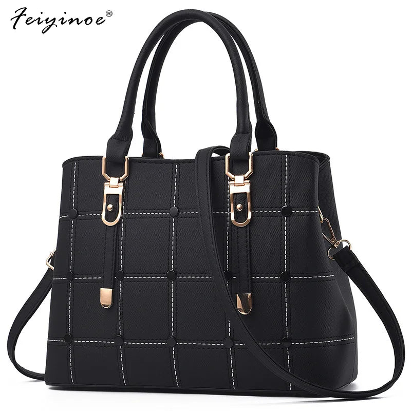 PU Leather Large Capacity Woman Handbag Grid Shoulder Bag Casual Crossbody Bag L