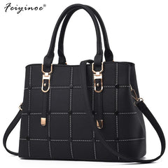 PU Leather Large Capacity Woman Handbag Grid Shoulder Bag Casual Crossbody Bag L